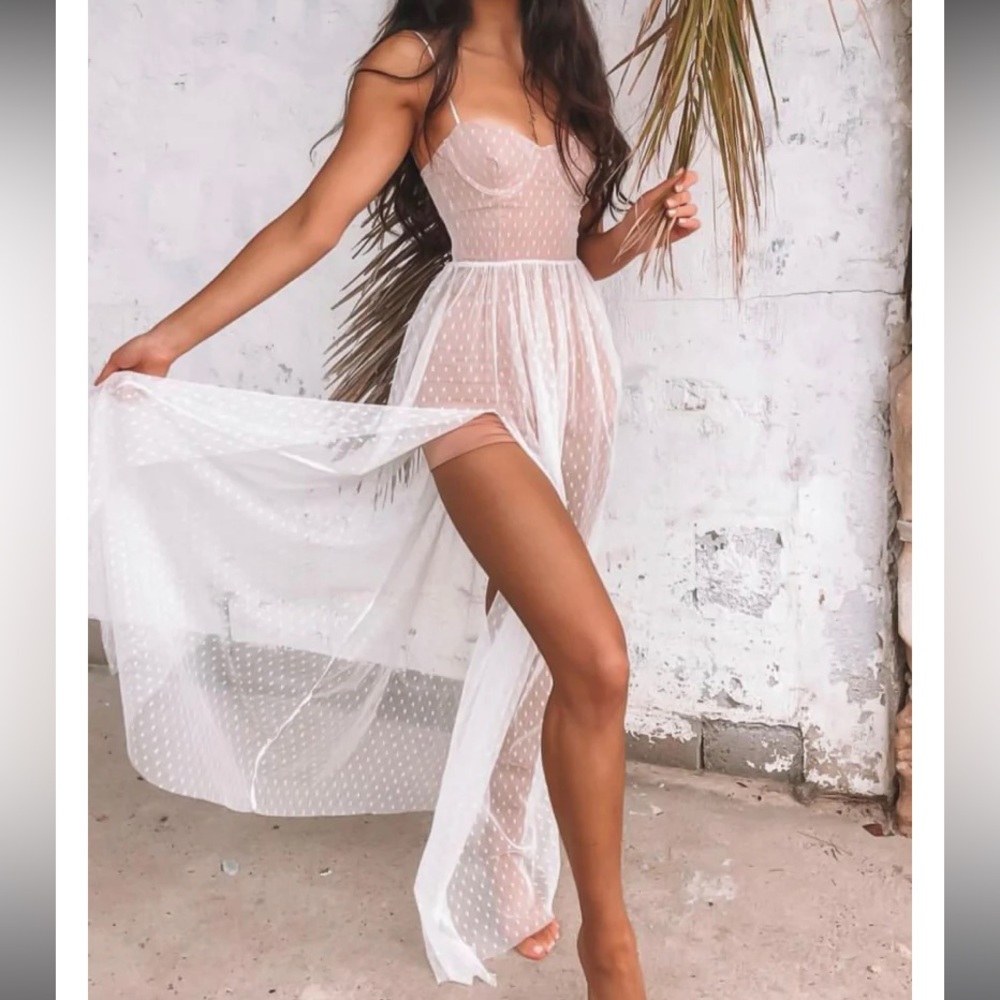 White Fox Boutique Sheer White Polka Dot Maxi Dress